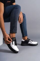 SLW155 Warrior Bağcıklı ve Fermuarlı Cilt Erkek Günlük Sneaker Ayakkabı ST - Siyah/Beyaz