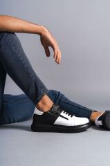 SLW155 Warrior Bağcıklı ve Fermuarlı Cilt Erkek Günlük Sneaker Ayakkabı ST - Siyah/Beyaz