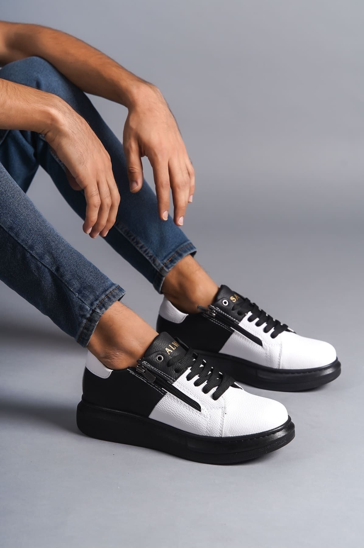 SLW155 Warrior Bağcıklı ve Fermuarlı Cilt Erkek Günlük Sneaker Ayakkabı ST - Siyah/Beyaz