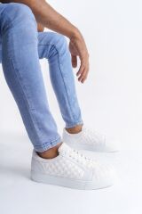 SLW166 Prestige Bağcıklı Cilt Kapitone Desenli Erkek Günlük Sneaker Ayakkabı BT - Beyaz