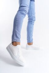 SLW166 Prestige Bağcıklı Cilt Kapitone Desenli Erkek Günlük Sneaker Ayakkabı BT - Beyaz