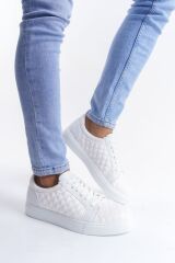 SLW166 Prestige Bağcıklı Cilt Kapitone Desenli Erkek Günlük Sneaker Ayakkabı BT - Beyaz