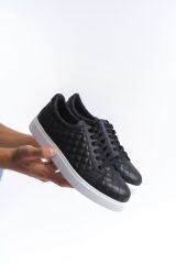 SLW166 Prestige Bağcıklı Cilt Kapitone Desenli Erkek Günlük Sneaker Ayakkabı BT - Siyah
