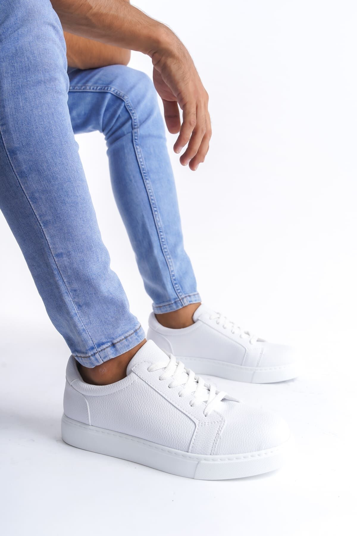 SLW165 Elite Bağcıklı Cilt Erkek Günlük Sneaker Ayakkabı BT - Beyaz