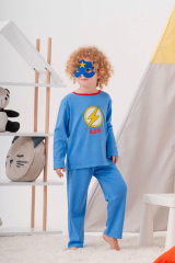 4-7 Yaş Heros Çanta Ve Maskeli Erkek Çocuk Pijama Takımı Koyu Mavi