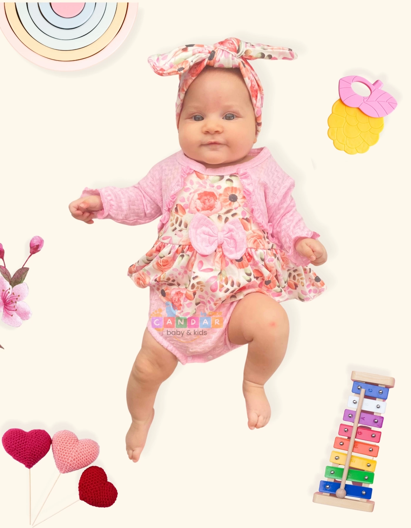 3-12 Ay Bahar Çiçekleri Bandanalı Kız Bebek Romper Pembe