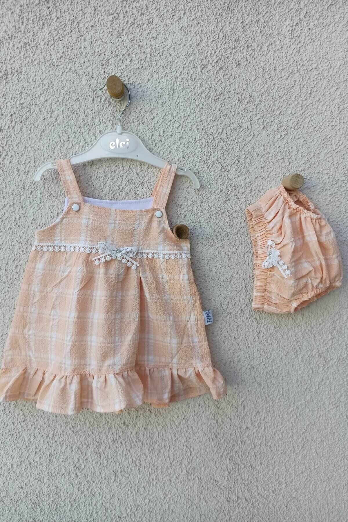 3-9 Ay Kız Bebek Askılı Kareli Külotlu Bebek Elbisesi Somon