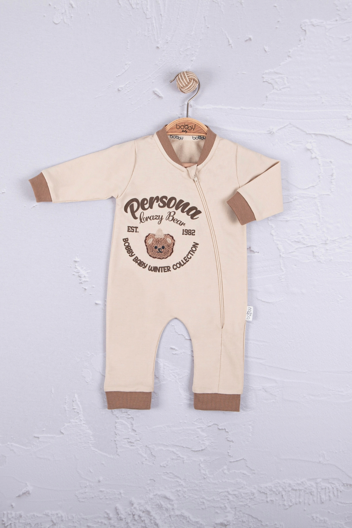3-12 Ay Erkek Bebek Tulum Persona Bear Nakışlı Kahverengi