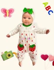 3-9 Ay Çilek Modelli Kız Bebek Tulumu Beyaz